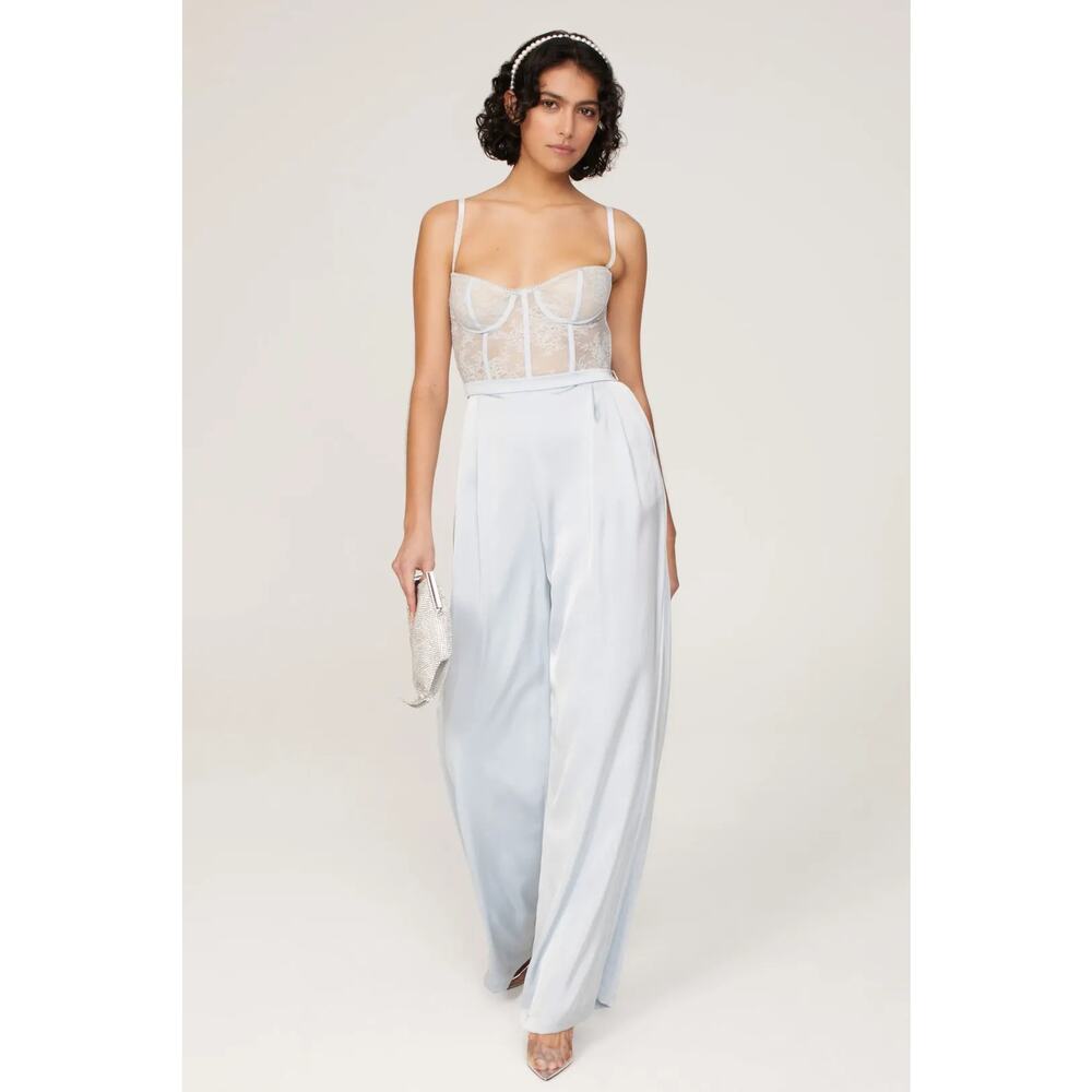 Katie May Sz Small Light Blue Tink Satin Lace Corset Wide Leg Cocktail Jumpsuit